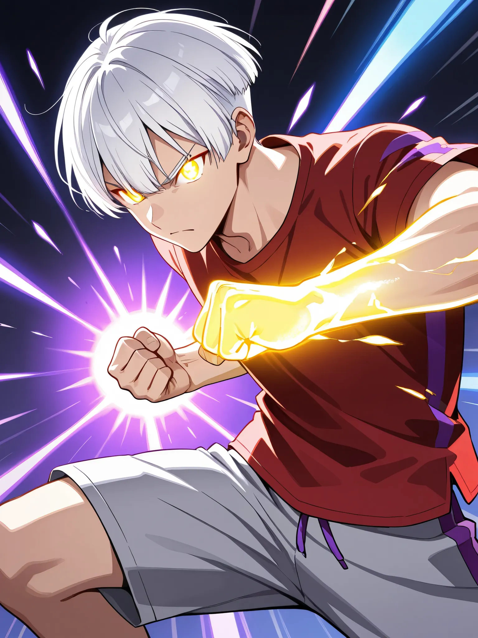 anime boy, white hair, military haircut, glowing gold eyes, serious expression, red t-shirt with purple stripes, silver shorts, one hand open and one fist clenched, action pose, surrounded by radiant light