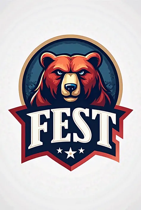 Create a logo for my student front that is represented by a bear that has the letters f e s t below and in the background has the colors white, blue and red