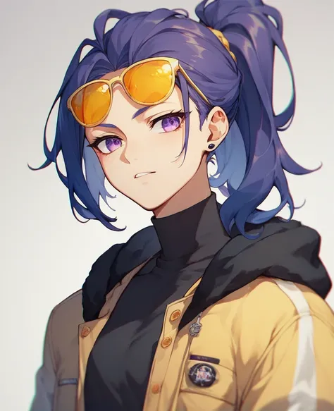 Create an avatar of a girl wearing yellow sunglasses with hair that covers her forehead and ears, a high school girl with a ponytail and purple eyes, an energetic hip-hop boy using a film noir, minimalist, pop art, or anime aesthetic.