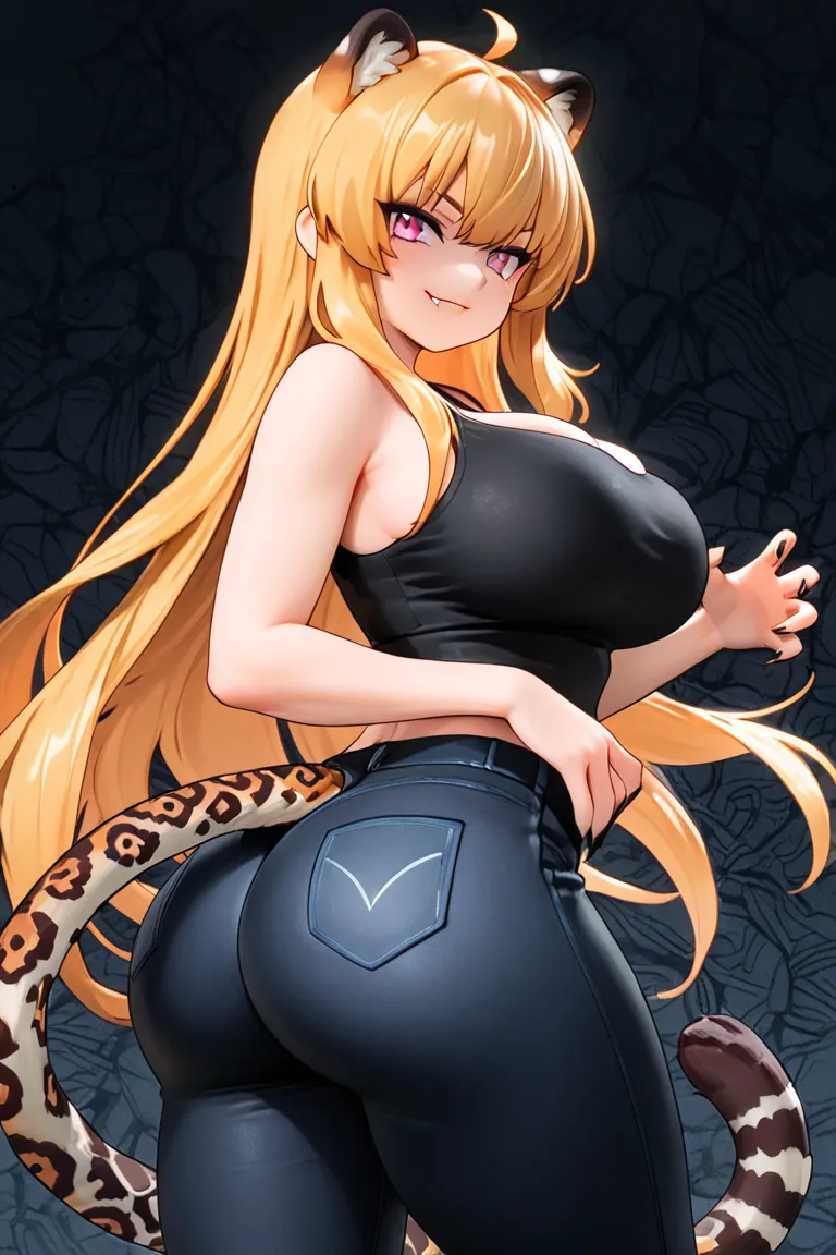 1girl, Very Long Hair, Jaguar Ears, Jaguar tail, smirk tease, Large breasts, Large butt, BRIGHT PINK Eyes, she's wearing a tight black tank top and some tight black jeans. She's 5'5 tall, super tease, cute, adorable, beautiful, sharp claws, cute fangs, Hig...