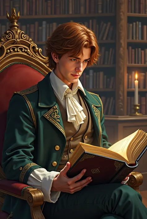 Brown-haired young Lord Sitting in a library reading a magic book