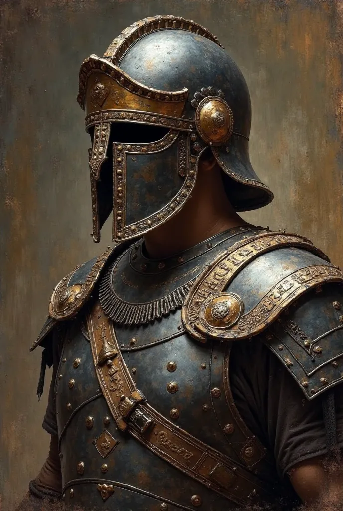 Oil painting of an ancient greece black and copper sober Korinthian helmet. sober ancient greece black and copper linothorax 