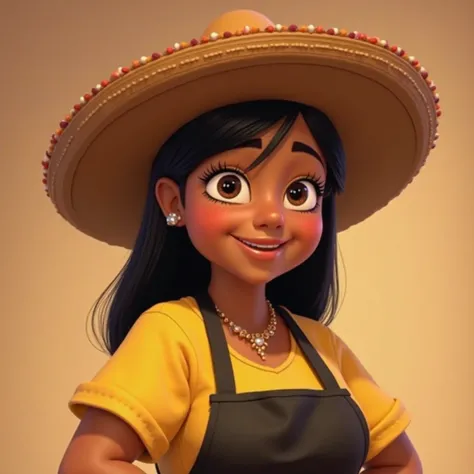 happy, Disney-Pixar-style cartoon characters based on the Disney movie, being a dark-skinned chubby young lady with straight black hair, wearing a Mexican hat and with a yellow shirt and a black apron.