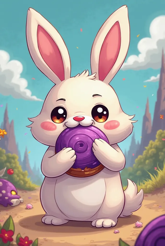 Adventure Time, style cartoon of a cuddly bunny that eats a purple cinnamon roll 