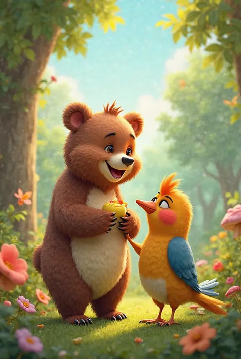 Animated bear with a bird eating fruit 