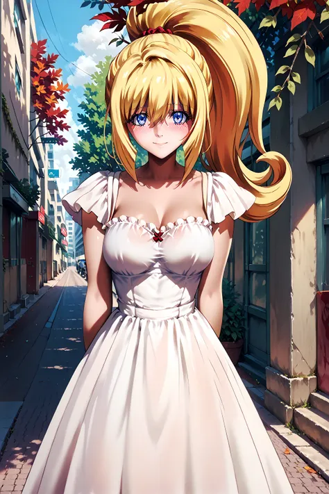 1 woman、 beautiful and well-groomed breasts 、blonde ponytail、rich contrast、 Extremely High Quality 、8k、Very Delicate CG Unit、Wallpaper Ultra Wide Angle(nsfw1.9) 1woman,small eyes,bangs between eyes,medium breasts,
White dress,off shoulder dress,city,street...