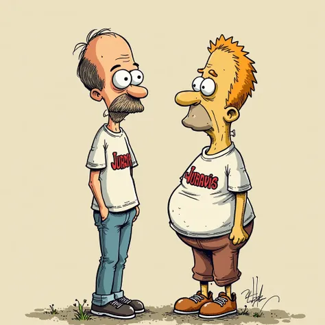 I would like an illustration in the style of Beavys and Butthead where the character has the characteristics of baldness, a goatee, dark circles under the eyes, expression marks and a sloppy appearance. A T-shirt with “Jurandir” written on it. 
I'd like hi...