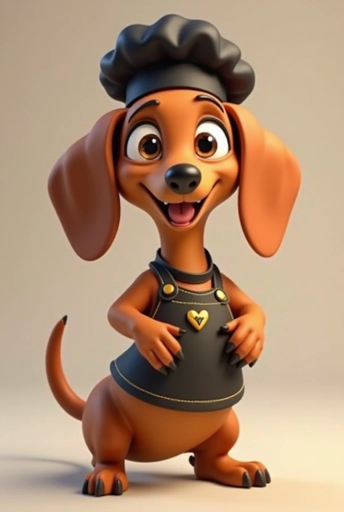 A 3D character stylized in cartoon style of an adult caramel dachshund dog, with an elongated body and proportions characteristic of the breed. It has friendly and smiling expressions, conveying sympathy and trust. He wears a black and yellow apron and a b...