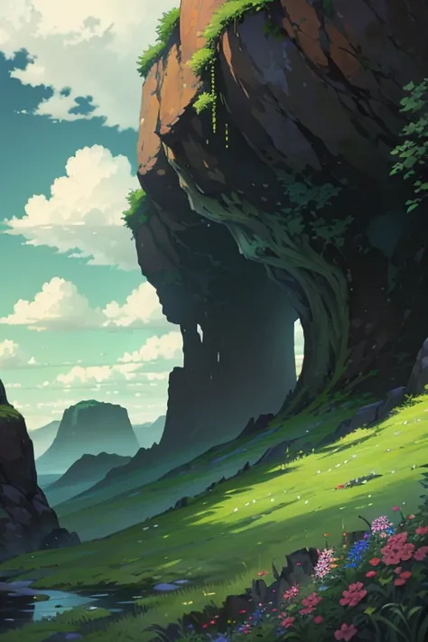 masterpiece, bottomless abyss, colorful flowers and giant trees. Beautiful sky and rocks in the distance. Adventure landscape. highest quality, detailed.