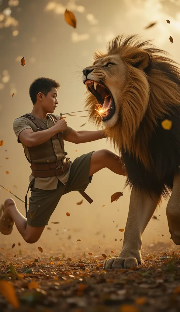 An epic clash where the young man dodges the lion's attack and fires an arrow in mid-flight. The lion roars in pain as the arrow hits him in the heart.  The scene is intense , with flashes of light crossing the sky and leaves flying away under the impact o...