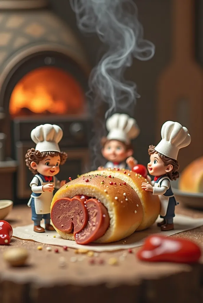 Miniature cooks making hot dogs A hot dog on the smoke. Squeezed on ketchup mayonnaise and sauces. 