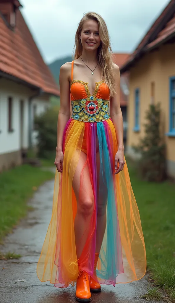 "Polish Silesian" young woman in a (colorful future/cyber style dress made from latex and plastic), the background is a old polish city Ruda Śląka landskape of , full-body view from head to feet. The character is happy and is smiling.