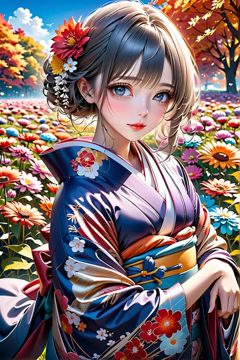 Young and beautiful woman in kimono, autumn outfit, traditional Japanese beauty embodied in kimono, pale navy blue floral pattern, bright colors, anatomically beautiful body,, colorful flower field, blue sky, perfect depiction, detailed anime art, CG,