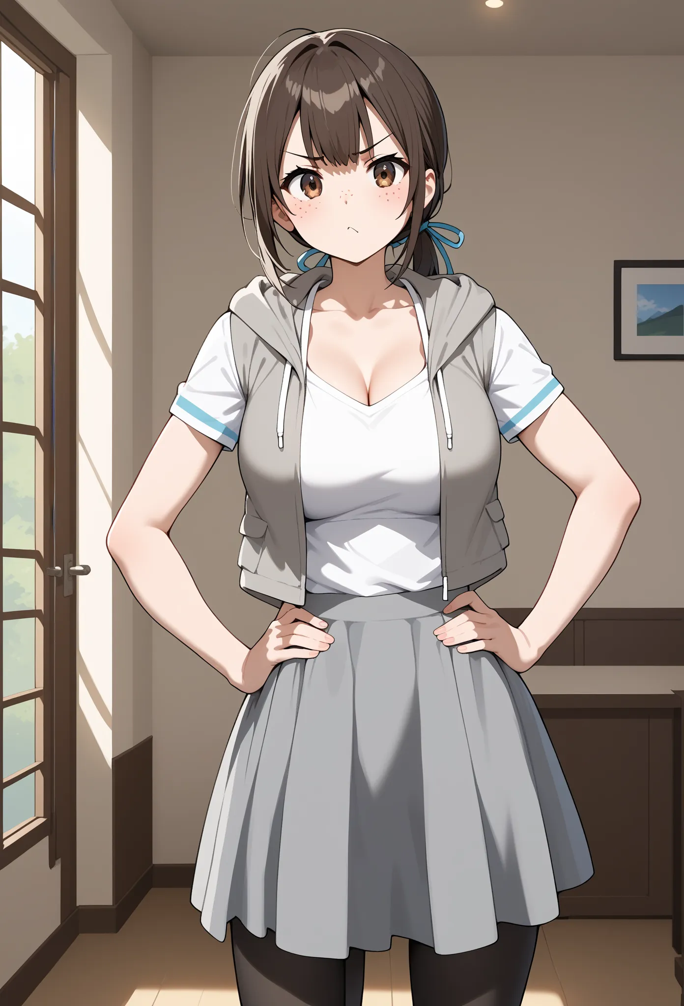 score_9, score_8_up, score_7_up, score_6_up, score_5_up, score_4_up, source_anime, aasylphy, medium hair, low ponytail, hair ribbon, dark brown hair, brown eyes, Freckles,large breasts, collarbone grey vest hoodie,white sleeves,short sleeves, grey skirt, b...