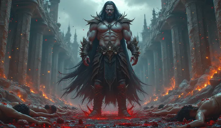 giant white skin light blue eyes black hair and beard and very muscular with women lying on the floor among pools of blood 