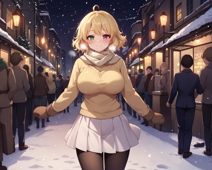 score_9_up, score_8_up, score_7_up, 1girl, solo, source_anime, Beautiful eyes BREAK
Wavy hair, ahoge, blonde hair, short hair, heterchromia, left green eye, right blue eye, large breasts BREAK
White scarf, long sleeves, yellow sweater, brown mittens, wh...