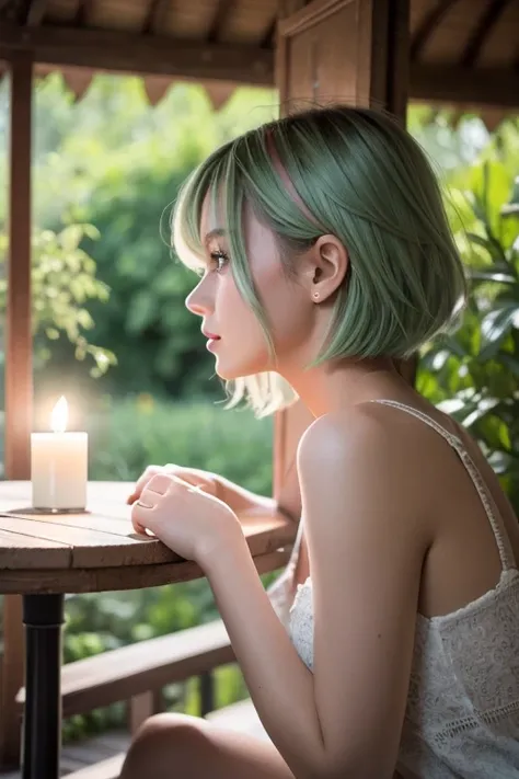 Masterpiece,  best quality , ULTRA DETAILS, hyperdetail,   cinematic lights ,,  1 girl, Solo, ,  outdoor, Summer House, ting in the Summer House,  plant,  table ,  chandelier,  candle, wind,  green eyes, Pan green silver hair,  short hair, animal_S, animal...