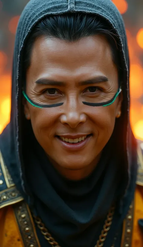  Here is a detailed prompt to generate an image  ** super realistic** by Donnie Yen as **scorpion**, focused **only on the face**, with a detailed yellow and gold mask and bright, and an impactful background:  

---  
**"Close-up hiper-realista do rosto by...