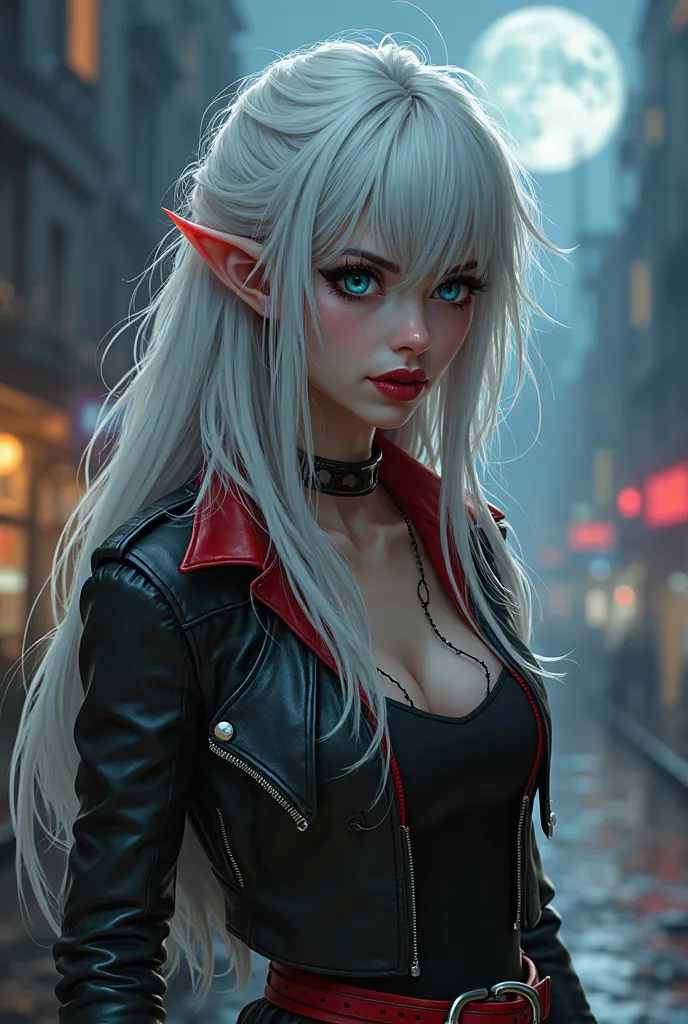 female elf, white hair, that fall loosely and in a disorderly manner down to shoulder height, with some strands covering part of her face. Her eyes are an intense blue tone, almost animalistic, conveying a sense of chaos and danger. She has light, messy ha...