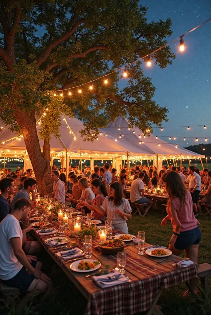 "A lively party in a rural setting,  on a farm in the countryside , with a large outdoor tent decorated with party lights and colorful. The scenery is stunning, ribbons with surrounding green fields and a large tree under which guests gather. The wooden ta...