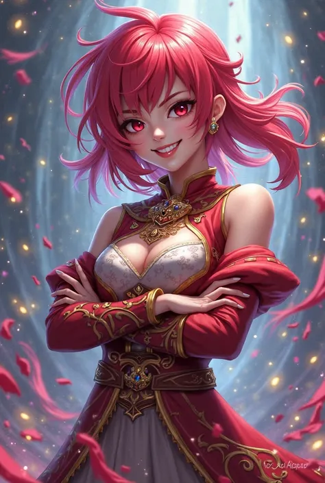 Generate a portrait of Ruby Aspirant skin from MLBB with Gojo's iconic "Nah I'd Win" 