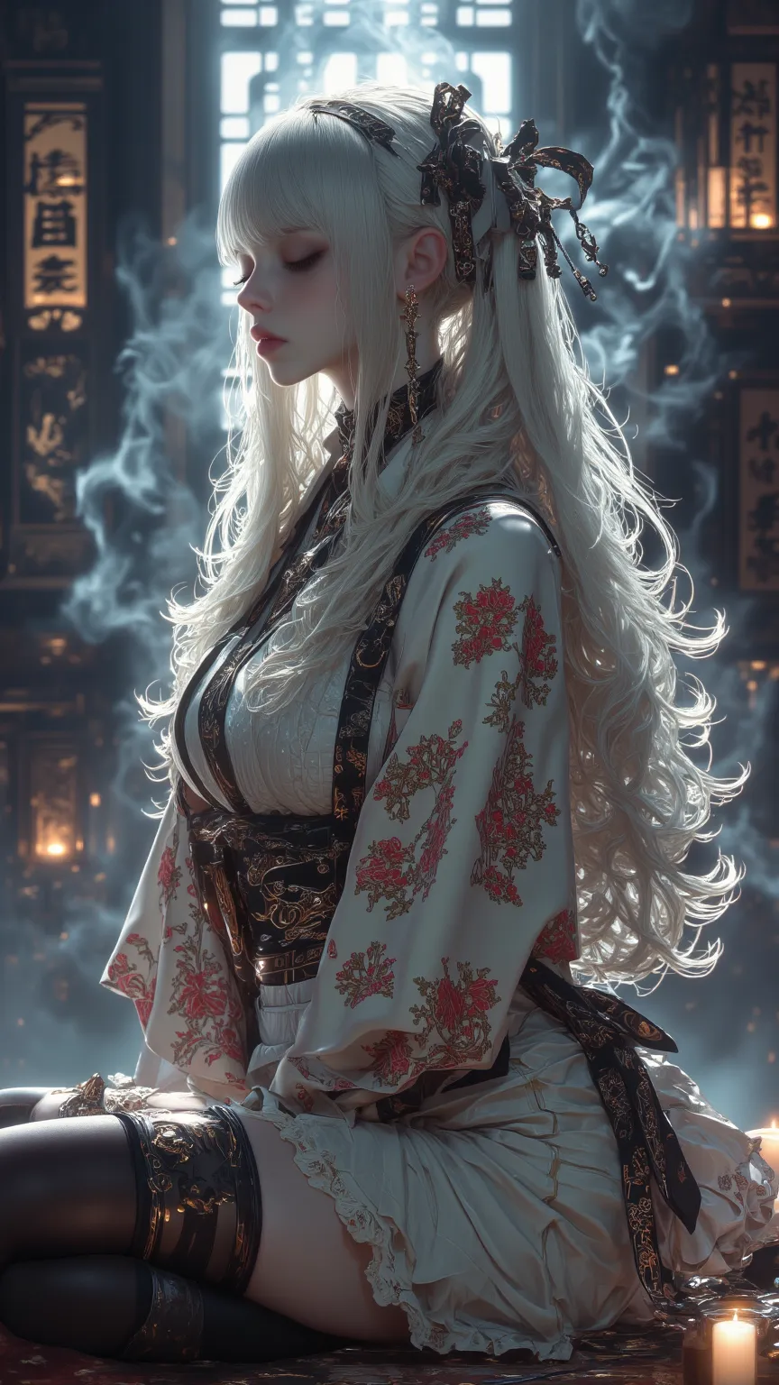 1girl, solo, very long hair, white hair, hime cut, kimono, incense, detailed background, depth of field, incredibly absurdres, highres, masterpiece, newest