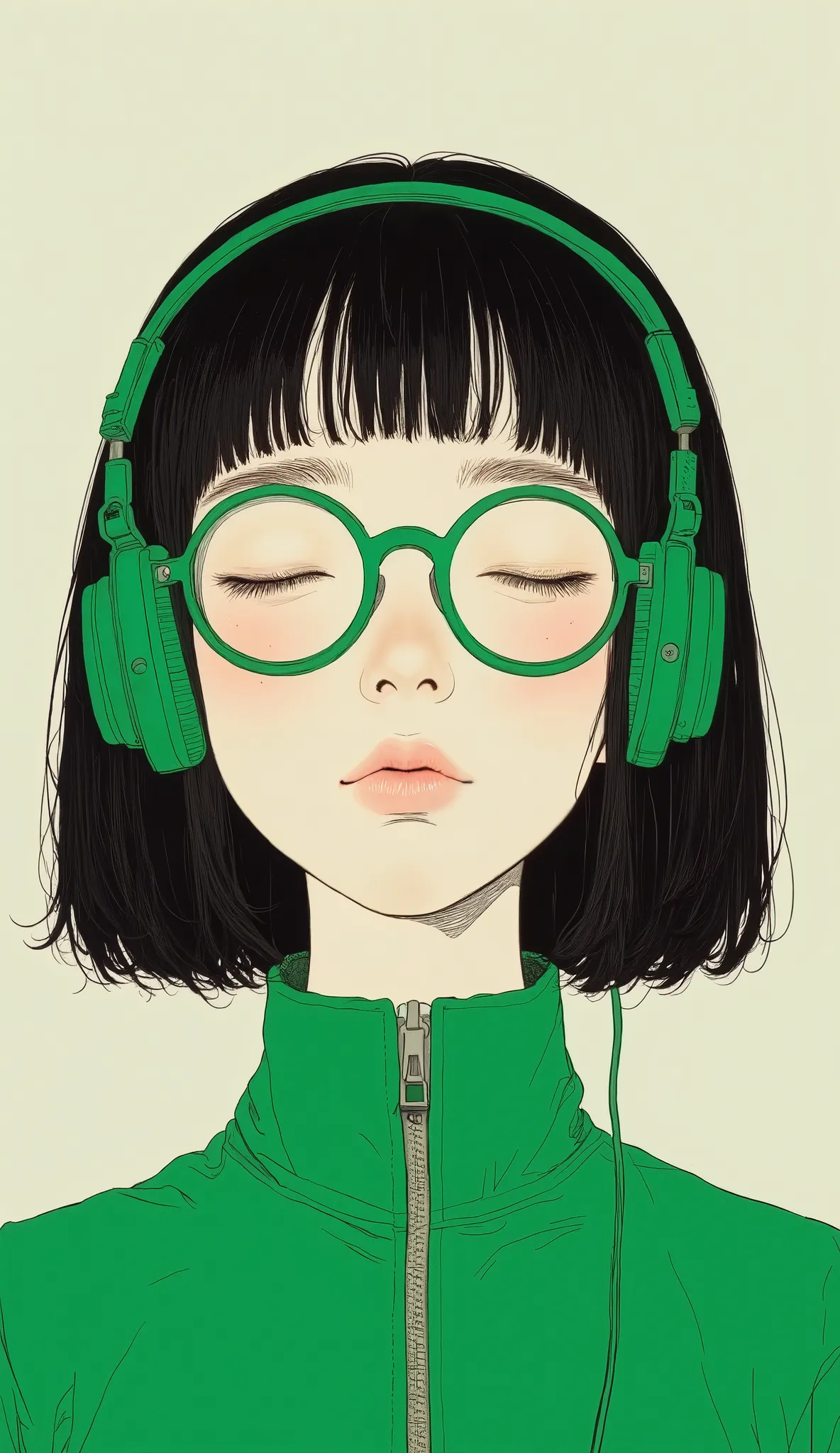 teeth、depicts a girl wearing a green stadium with her eyes closed,green cell frame glasses、The simple style of the green headphones 、Minimalistic painting by Yoshitomo Nara, Tumbler, それteeth何ですか？, Nara Yoshitomo, shinsui ito, sui ishida, kaoru mori,  Yaoi ...