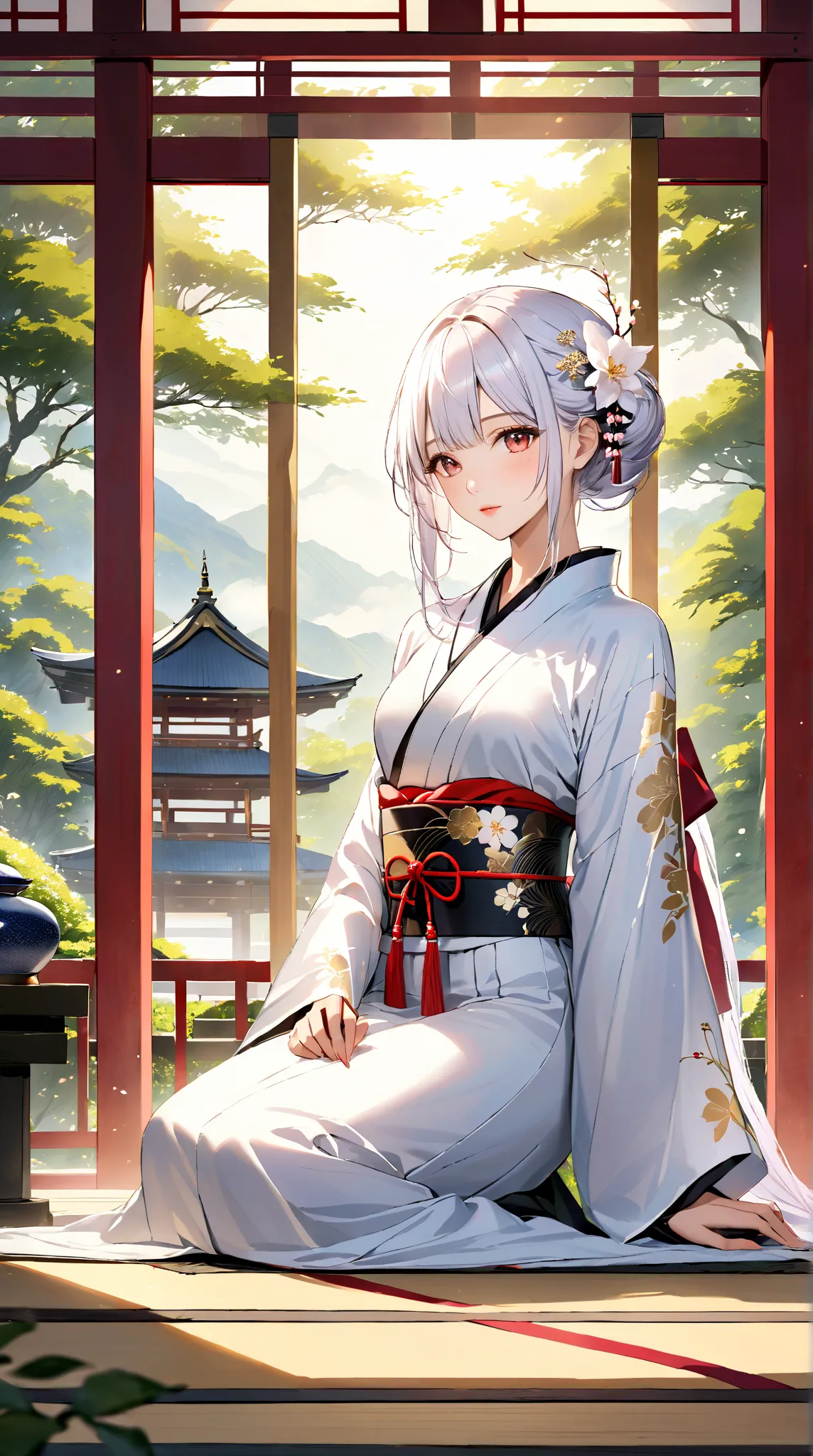 1girl, solo, very long hair, white hair, hime cut, kimono, incense, detailed background, depth of field, incredibly absurdres, highres, masterpiece, newest