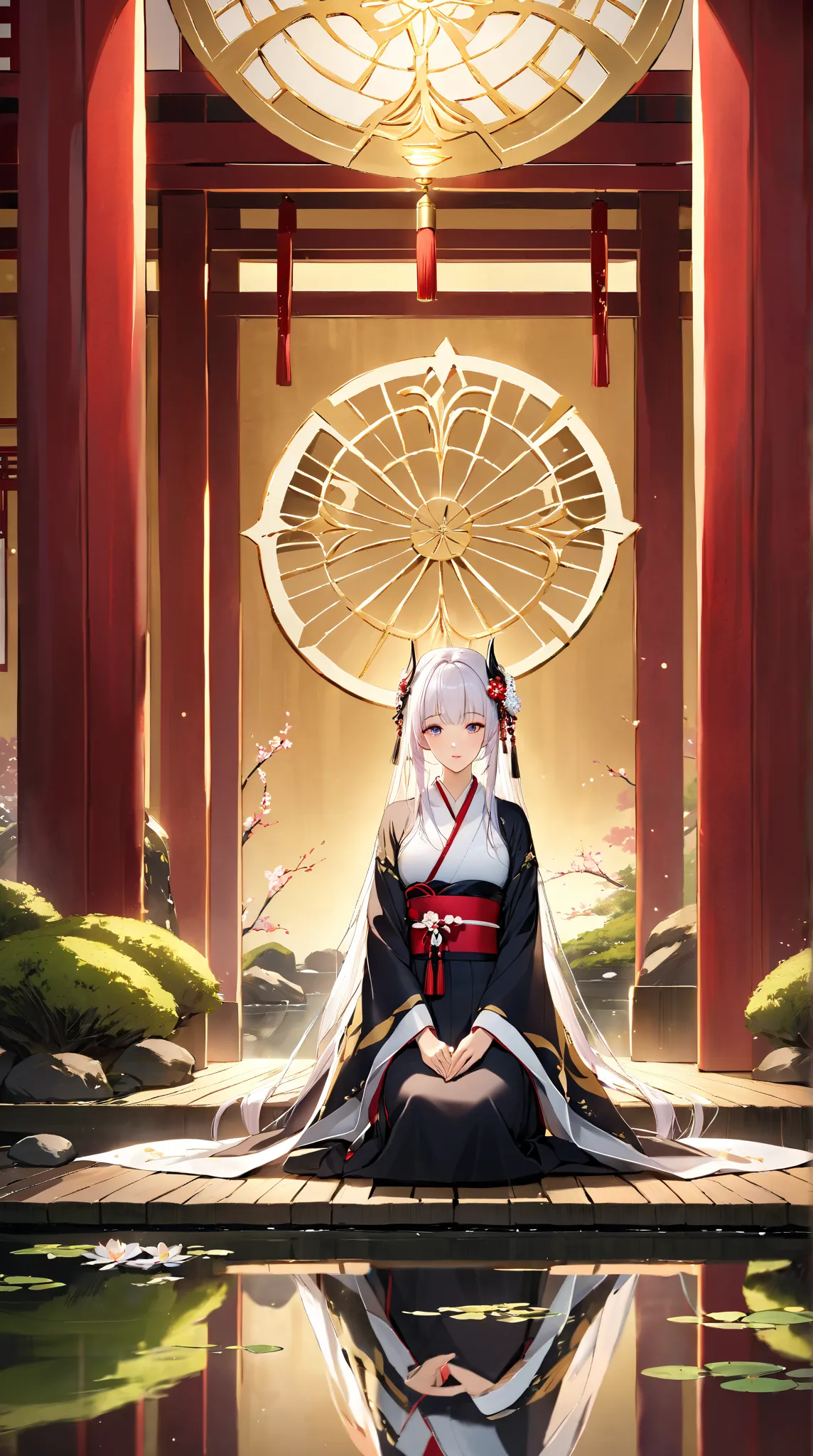 1girl, solo, very long hair, white hair, hime cut, kimono, incense, detailed background, depth of field, incredibly absurdres, highres, masterpiece, newest