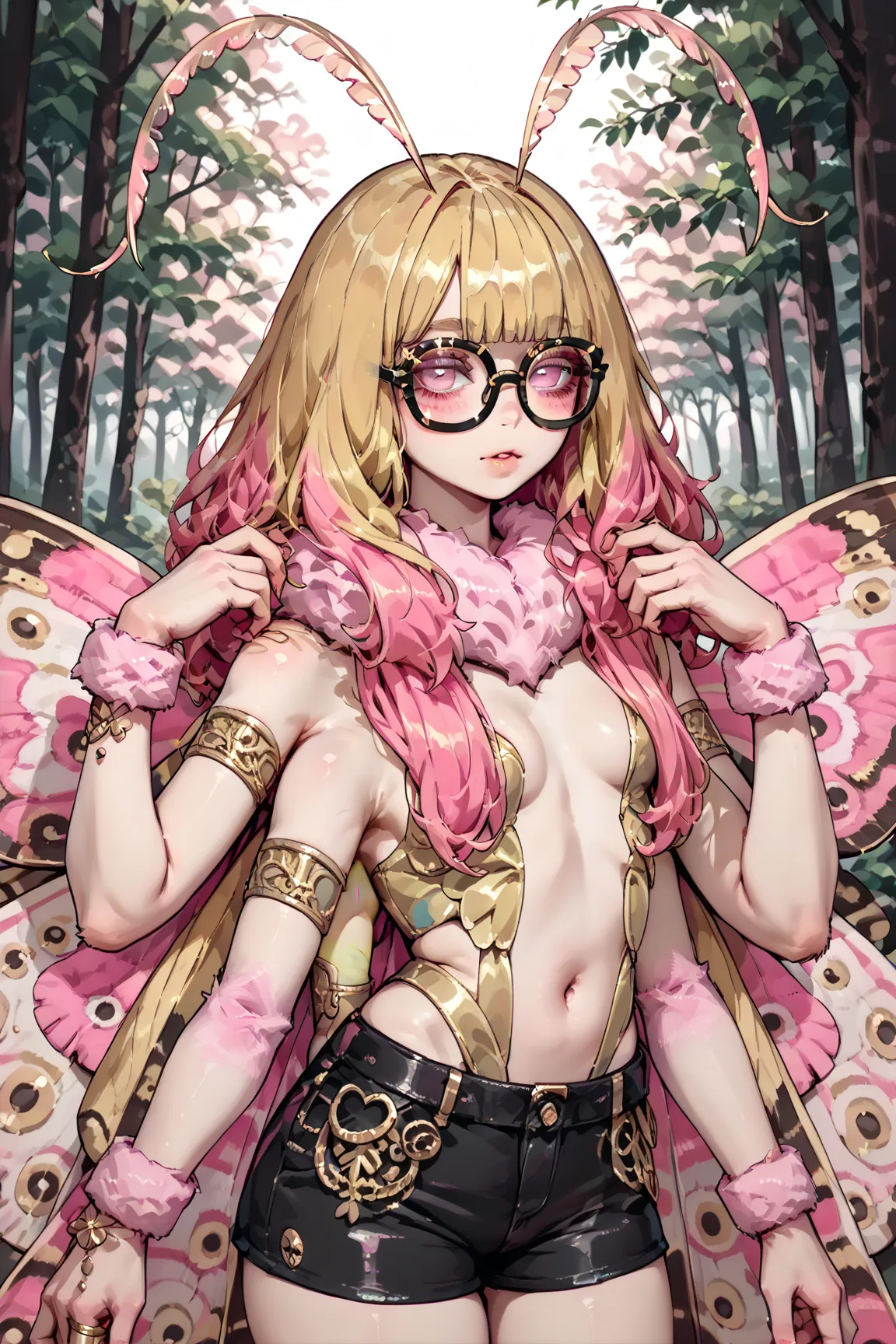 from behind, feet out of frame, solo, 1girl, (small breasts:1.5), short female, slender female, (fair skin:1.5), ((gold feathery moth antennae:1.5)), ((long pink and golden blonde striped hair)), human face, large gold moth eyes, no pupils, ((gold and pink...