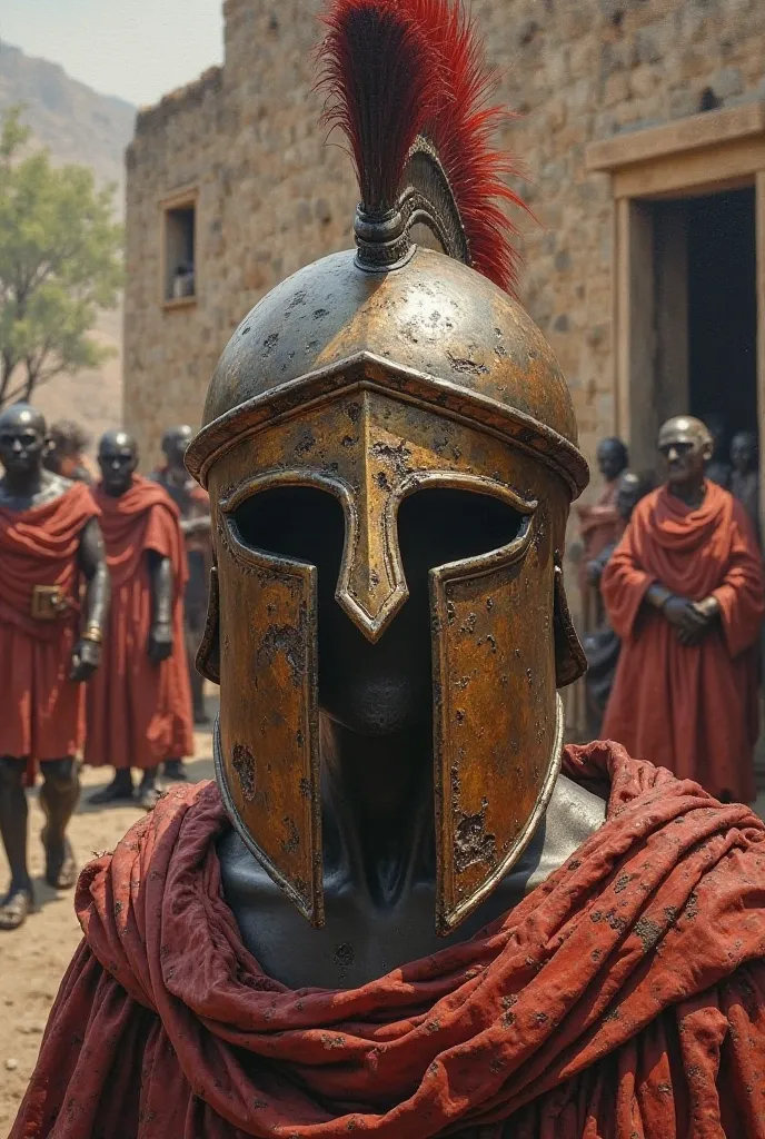 oil painting of an ancient copper sober Korinthian helmet. Poor sober ancient greece very red clothes