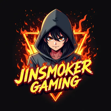 Create logo, a words JinSmOker Gaming, fire font, fire, man boy head with hood character anime, animation