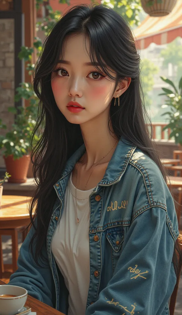 a mature chinese beautiful girl with long hair wearing a white t-shirt and jeans jacket with an inscription "Beg" cafe patio background