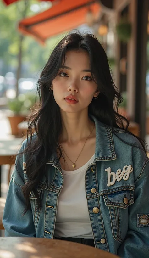 a mature chinese beautiful girl with long hair wearing a white t-shirt and jeans jacket with an inscription "Beg" cafe patio background