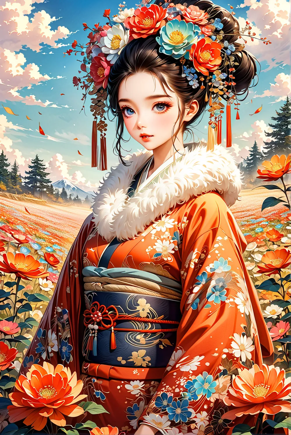 Young and beautiful woman in kimono, autumn outfit, traditional Japanese beauty embodied in kimono, pale navy blue floral pattern, bright colors, anatomically beautiful body,, colorful flower field, blue sky, perfect depiction, detailed anime art, CG,