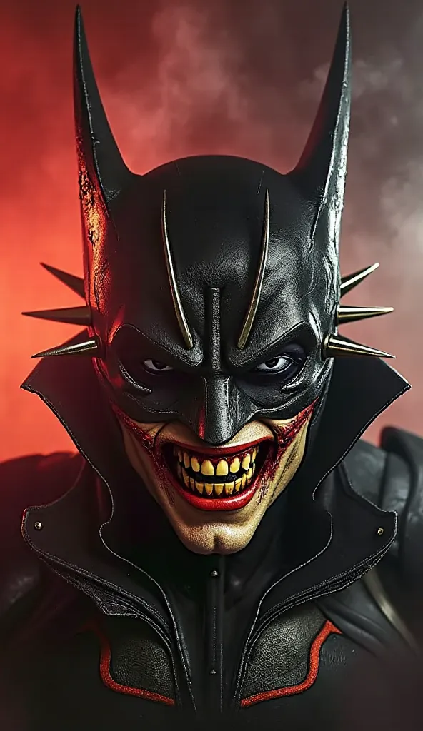 A hyper-realistic, dark and menacing portrayal of The Batman Who Laughs. His face is partially obscured by a spiked metal visor, with eerie shadows cast over his pale, cracked skin. His mouth stretches into a twisted, sinister grin, revealing sharp, yellow...