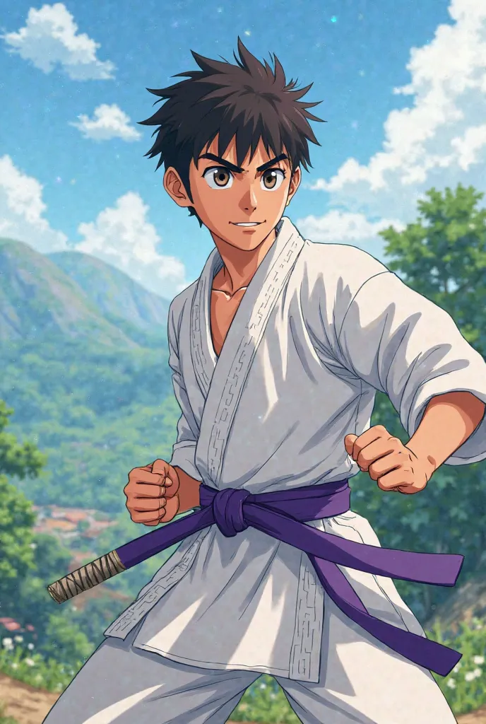 18 years old boy with judoka dress and judo purple belt in anime