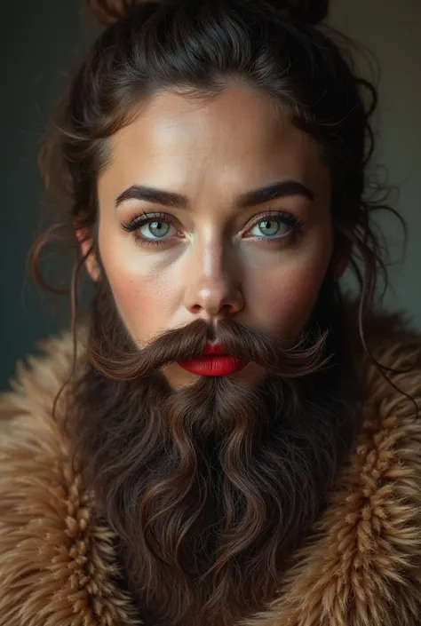 Movie poster of intricate detailed portrait of a brunette woman with a lush full beard, clean soft beard, hyperrealistic, intricate detailed facial features, beautiful eyes, beautiful make-up done with foundation and red lips, long eyelashes, soft lips, fl...