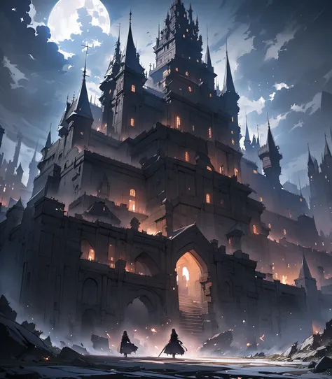 Anime, high detailed, extreme, masterpiece, 4K, a large detailed old black castle in a dark night