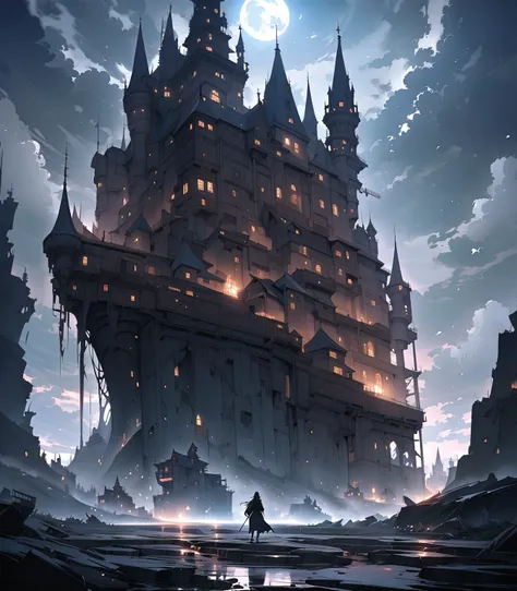 Anime, high detailed, extreme, masterpiece, 4K, a large detailed old black castle in a dark night