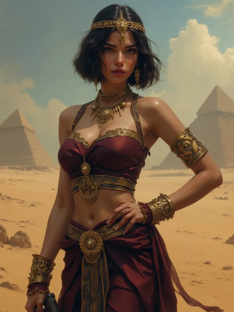 (( real :1.5)),(()), ((masterpiece)),((  girl )), cute young Queen Cleopatra，Lean red meat not body， bob hairdo . Style bijoux en or .  peau légèrement brune , One hand on the waist， big, round, firm breasts，#11: thick,  Short, dark hair ,   girl  green ey...