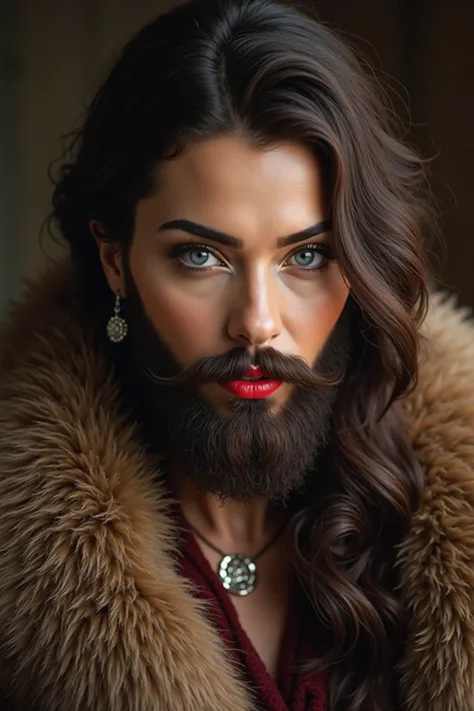 Movie poster of intricate detailed portrait of a brunette woman with a lush full beard, clean soft beard, hyperrealistic, intricate detailed facial features, beautiful eyes, beautiful make-up done with foundation and red lips, long eyelashes, soft lips, fl...