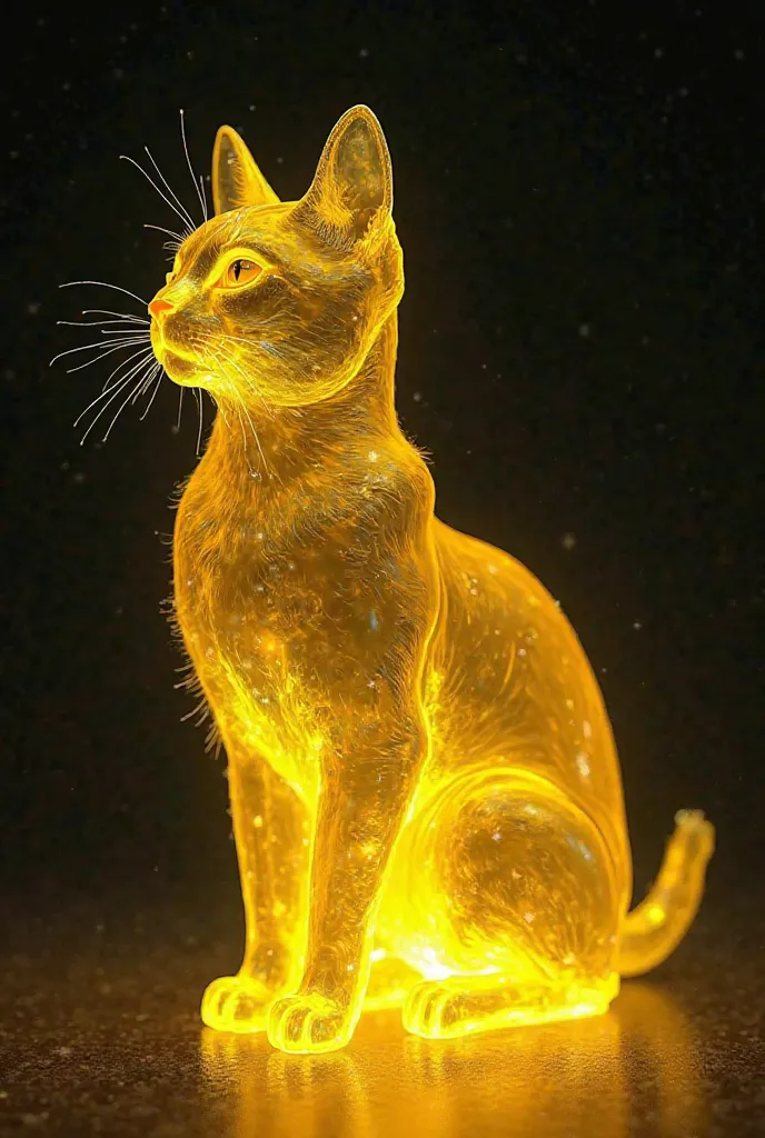 Un chat transparent yellow or dessiné à la peinture sur verre noir 