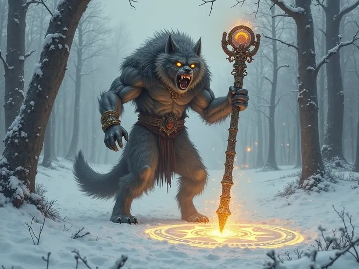 Werewolf holding a magic staff stuck in a magic circle on the ground in snowy weather.