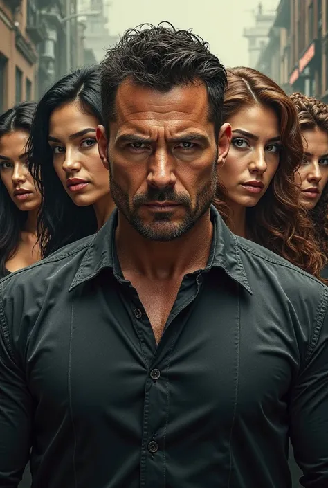 Create an action movie cover featuring a man and four women, one with black hair, two with straight brown hair and one with curly brown hair.