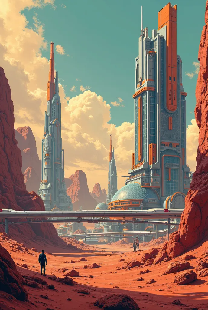  Cinematic visuals of buildings on Mars, presenting an impressive view of human structures on the red planet. In comic book style 