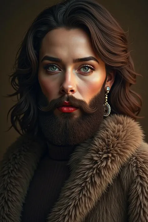 Movie poster of intricate detailed portrait of a brunette woman with a lush full beard, clean soft beard, hyperrealistic, intricate detailed facial features, beautiful eyes, beautiful make-up done with foundation and red lips, long eyelashes, soft lips, fl...