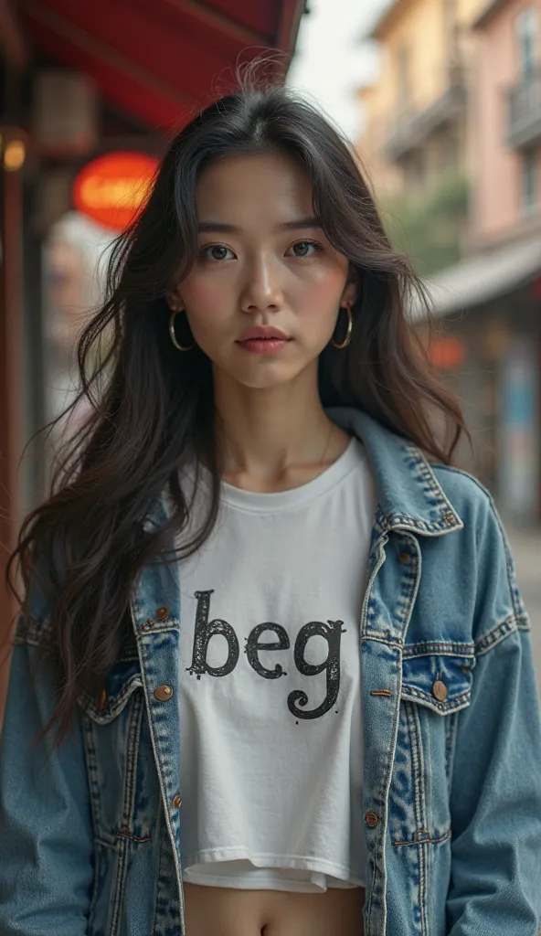 a mature chinese beautiful girl with long hair wearing a white t-shirt and jeans jacket with an inscription "Beg" standing on the terrace of the cafe