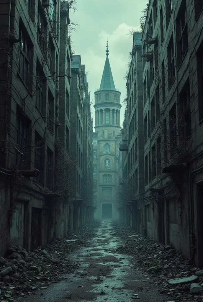 A city with narrow and dark streets that represent crime and corruption, as well as with half-abandoned ruined buildings and fearful people that look like a labyrinth of the city and that is easy to draw