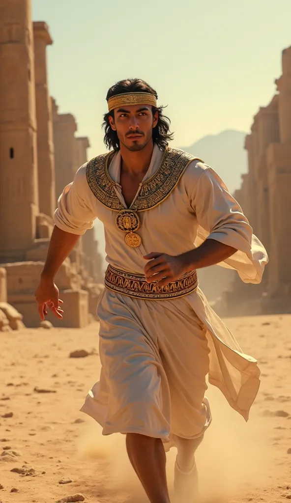 Young Egyptian male doctor fleeing looking back in ancient Egypt,  ultra real and professional images, 